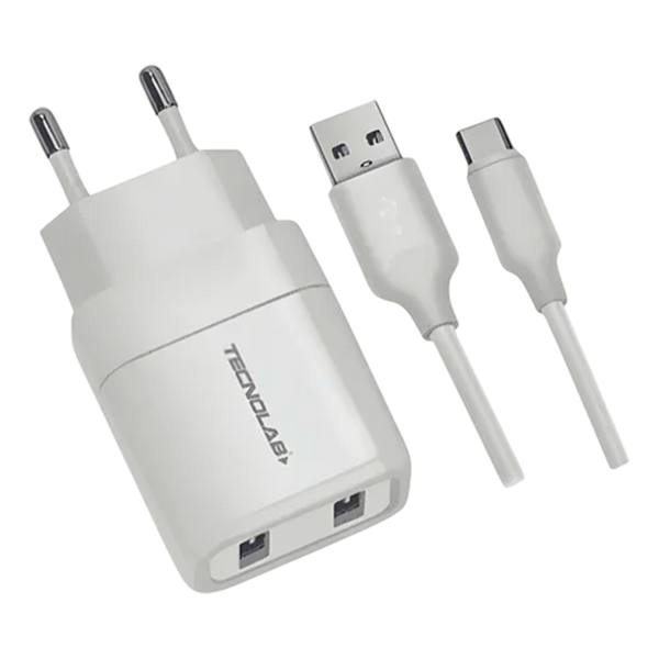 Cargador Usb Port Tipo C Tecnolab Tl044w 2x Sello Sec Blanco