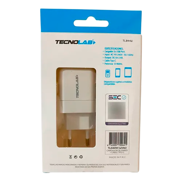 Cargador Usb Port Tipo C Tecnolab Tl044w 2x Sello Sec Blanco