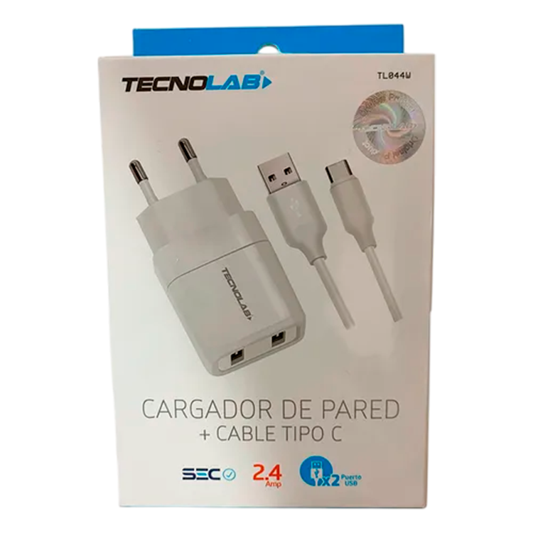 Cargador Usb Port Tipo C Tecnolab Tl044w 2x Sello Sec Blanco