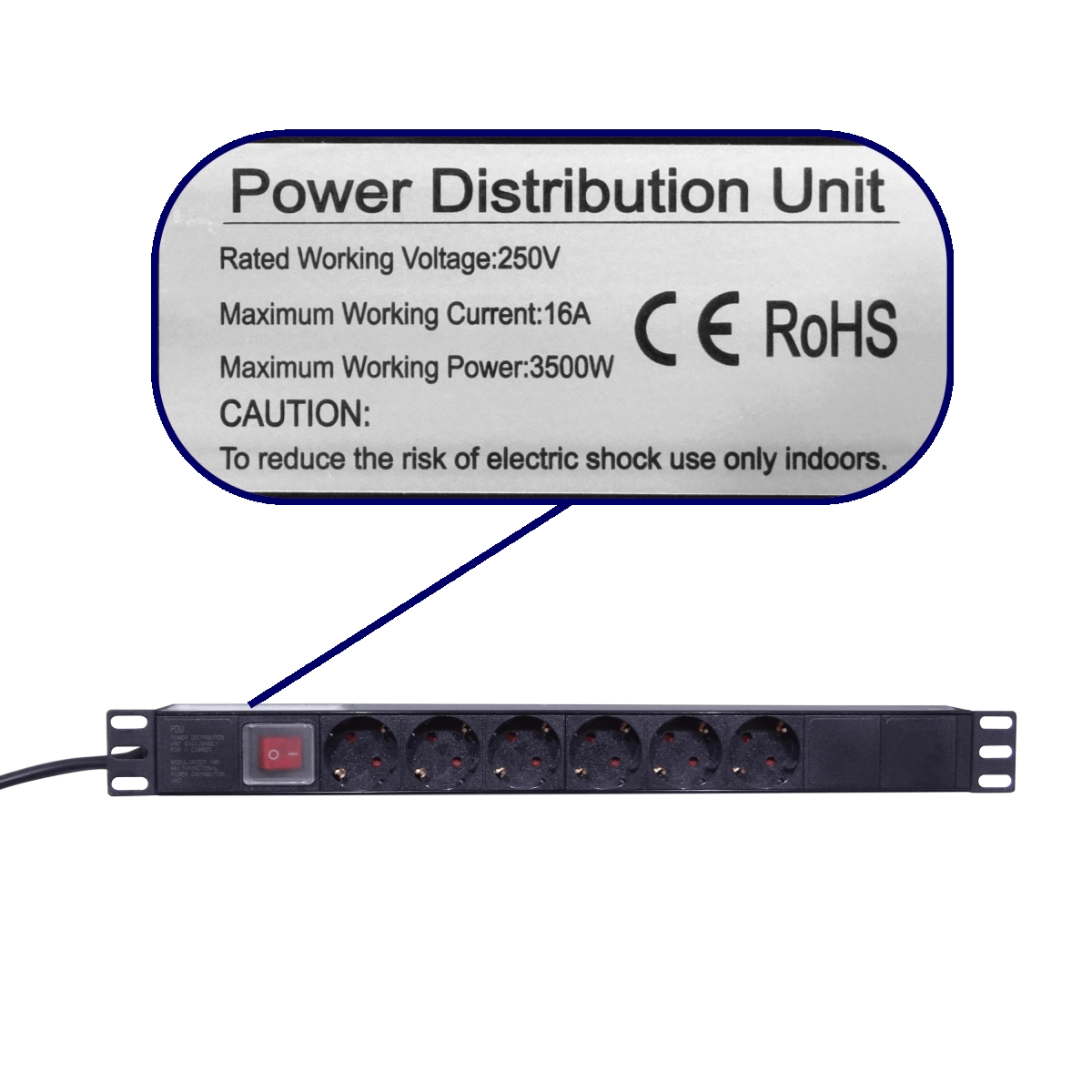 PDU 16A (6 tomas Schuko) para rack – Cable 1,8 m + Kit M6 (RG6SH)