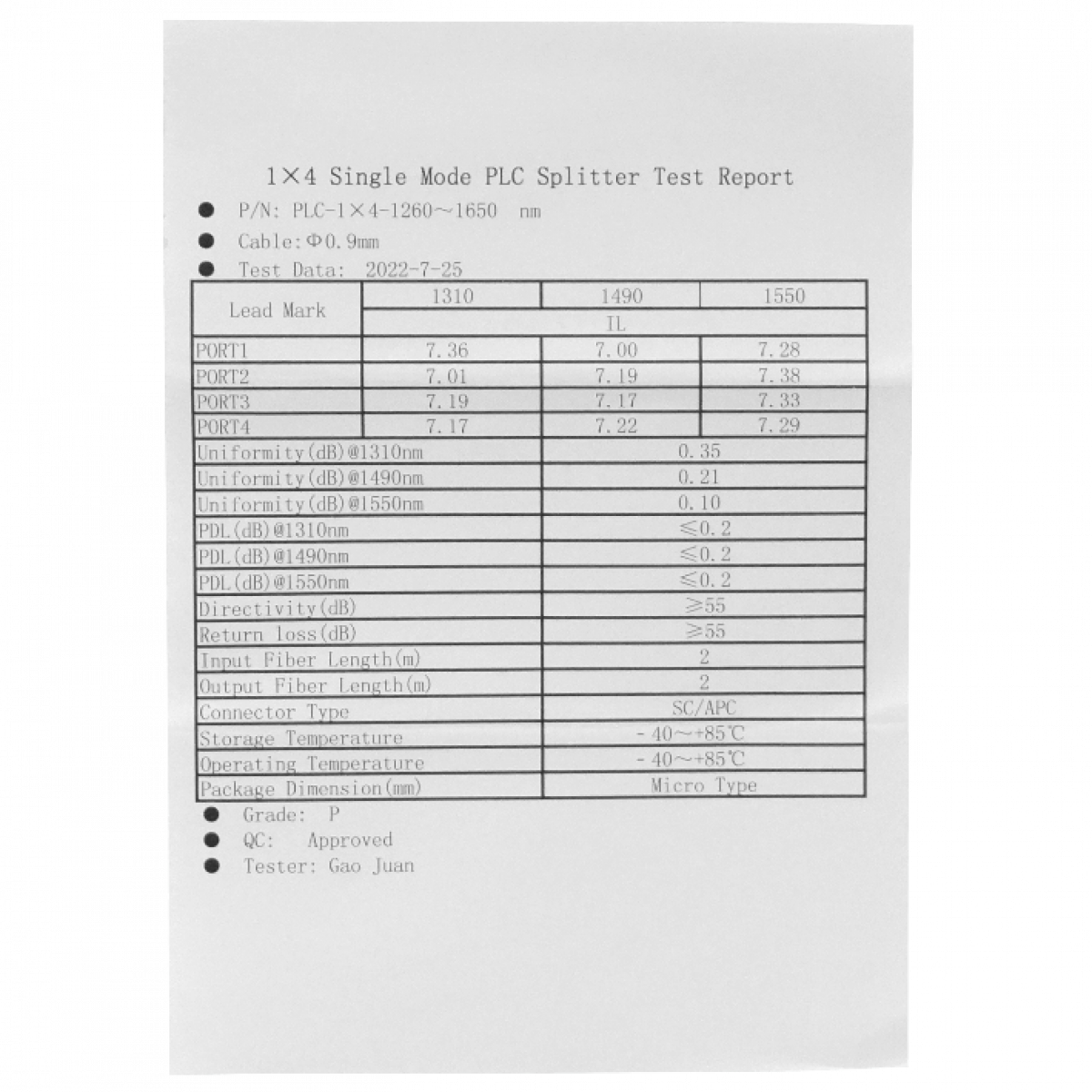 Splitter 1x4 SC/APC Divisor PLC p/EPON/GPON 200cm G657A1 0,9mm 1260-1650nm