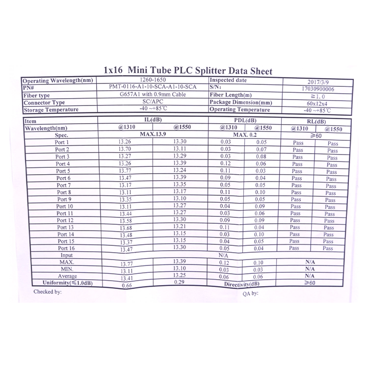 Splitter 16A 1x16 200 cm SC/APC Divisor PLC p/GEPON/GPON G657A1 0,9mm 1260-1650nm
