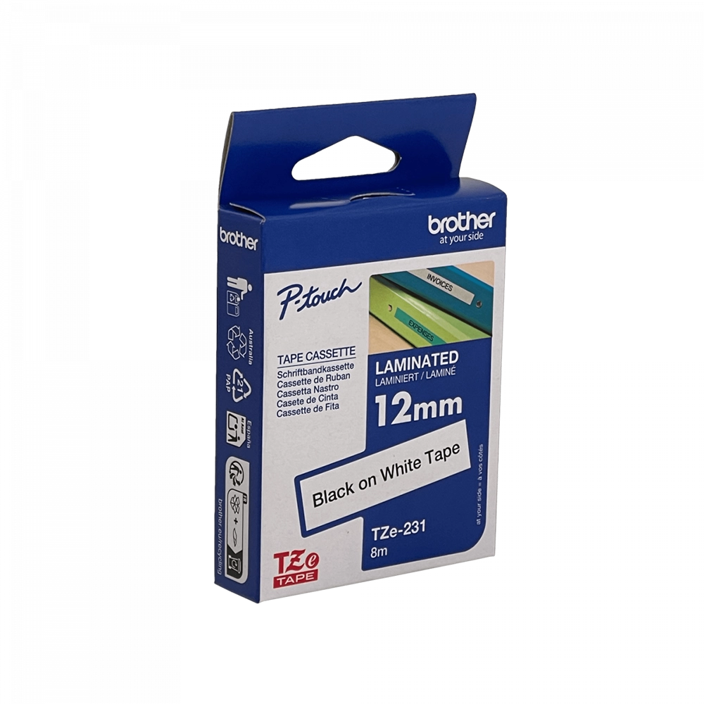Cinta Negro en Fondo Blanco TZE-231 BROTHER 8mt p/PT-H110/E300/E550