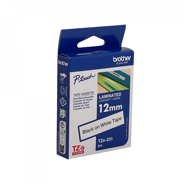 Cinta Negro en Fondo Blanco TZE-231 BROTHER 8mt p/PT-H110/E300/E550